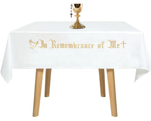 VitalCozy Große Tischdecke für die Heilige Kommunion, Altar Frontal, 224 x 132 cm, weiß, rechteckig, Kommunion-Tischdecken für Kirche mit goldfarbener Stickerei für Versammlungen, Taufzeremonien