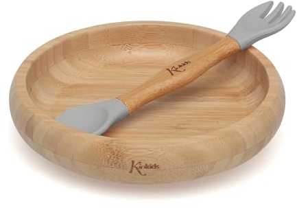 Kiokids Set Vajilla Silicona Y Bambú Gris Con Cuchara/tenedor
