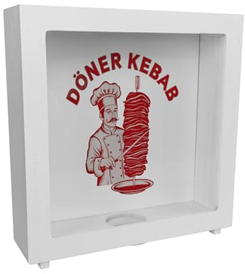 Döner Kebab Logo Trinkgeld Rahmen Spardose aus Holz Die perfekte Dönerkasse für Ihren Dönerladen witziges Design mit Koch und Schnurrbart Rot-Weiß mit Fleischspieß-Dekor