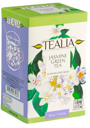 Tealia Jasmine Green Tea Bags Individually Wrapped – Premium Loose Leaf Green Tea Sachets with Floral Aroma and Smooth Taste – 20 Count Box (2g Each) – Gift-Ready, Aromatic, Convenient Brew