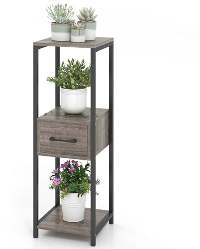 TANGZON 3 Tier Plant Stand, Indoor Outdoor Metal Frame Tall Plant Shelf Holder with Anti-tipping Device, Tiered Multiple Plant Flower Display Rack for Living Room Office Garden (with Middle Drawer)