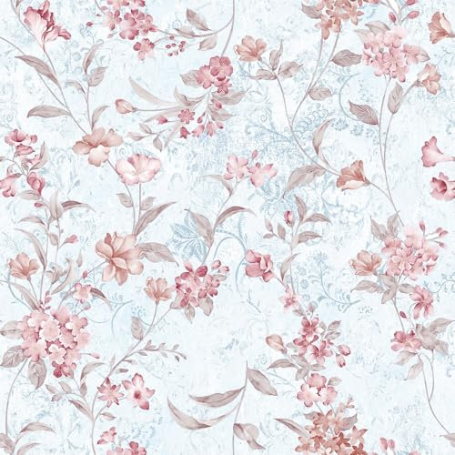VaryFloral Light Blue Self Adhesive Wallpaper 30.5cmx300cm Pale Red Floral Contact Paper Elegant Waterproof Sticky Back Plastic Roll Removable Thickened Texture Wall Stickers Vinyl Wrap for Cabinet