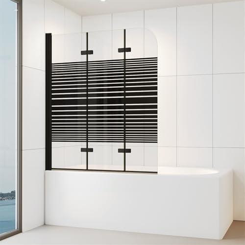 IMPTS 130x140 CM Duschwand für Badewanne 3 teilig Schwarz Duschabtrennung Badewannenaufsatz Teilsatiniert Faltwand 180° Faltbar 6mm ESG-Sicherheitsglas mit NANO-Beschichtung | LINKS