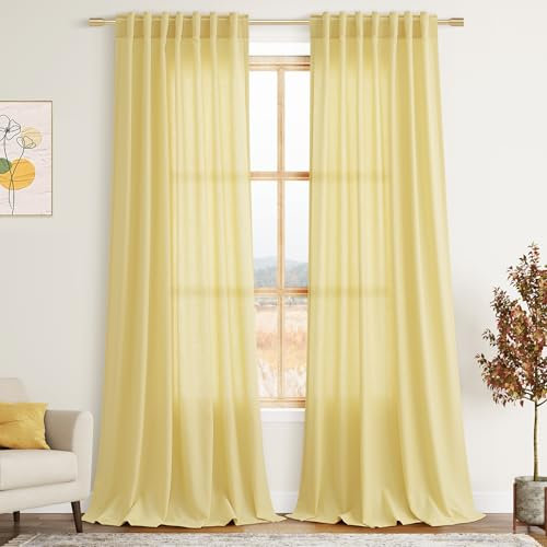 Nanspring Cortinas bohemias amarillas de lino semitransparentes con bolsillo para cortinero, 228.6 cm de largo, 2 paneles, filtración de luz, cortinas ligeras para sala de estar, 52x90