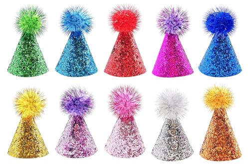 FSSTUD Bunte Katzen-Geburtstagshüte mit Glitzer, für Hunde, Partyhüte, kleine Kätzchen, glänzende Hüte, Haustier-Stirnband, Hüte mit Bommel für Urlaub, Hochzeit, 10 Stück