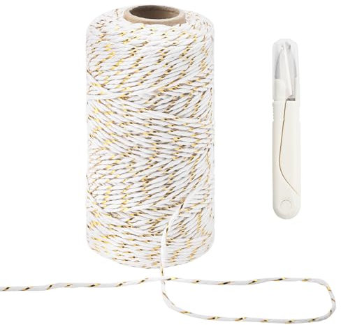 UOCAI 100 m de cordon en coton avec cordon doré, fil de bricolage fin, ficelle de boulangerie, ficelle en coton blanc avec cordon doré, 2 mm, cordon cadeau pour emballer des cadeaux