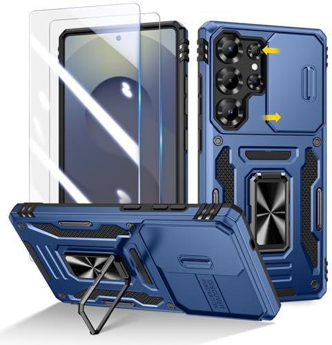Doeshine Custodia per Samsung S25 Ultra, con 2 Pellicola Vetro Temperato, Anello Magnetico Cavalletto, Cover per Fotocamera Scorrevole, Protezione Militare (Marina)