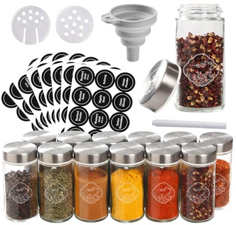 SXTIHD Tarros de cristal para especias, redondos, 12 × 100 ml. Juego de recipientes para especias con nueva técnica de grabado láser, etiqueta.