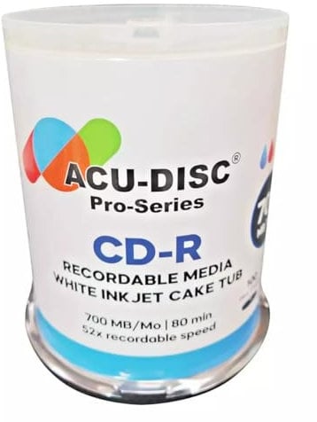 ACU-DISC Pro-Series CD-R 52x Speed 700MB 80 Minute Full Face Brilliant White Inkjet Printable Blank Discs 17639 – 100 Pack Spindle