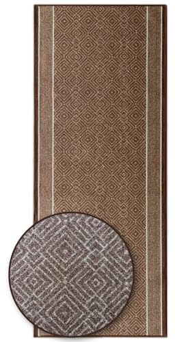 Floordirekt Teppichläufer mit Muster - maßgefertigter Feinschlingen Teppich Läufer für Küche, Flur & Wohnraum - Ornament Vintage Orient Gitter (80 x 250 cm, Olymp Braun)