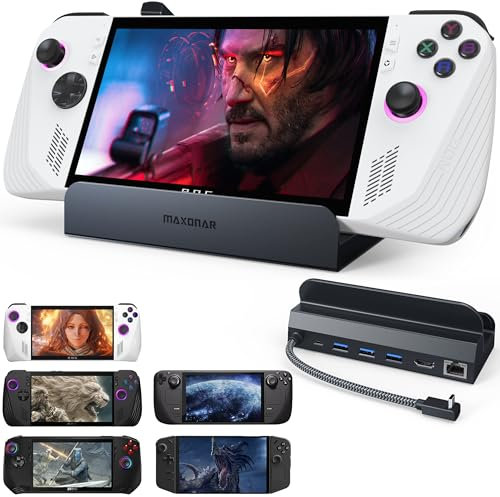 Maxonar 6 in 1 Loot Docking Station (Hyper-Grip, HDMI 2.1, 4K@120Hz) for ASUS ROG Ally X/Steam Deck OLED/Legion Go/MSI Claw with HDMI 2.1, 3*USB-A 3.0, 1000Mbps Ethernet, 100W USB-C Charge