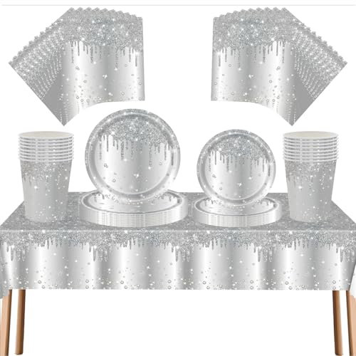 69pcs Silver Diamond Theme Disposable Party Tableware Set | Glitter & Sparkle Silver Paper Plates, Cups, Napkins & Tablecloth | Elegant Dinnerware for Women & Girls Birthdays, Weddings, Baby Showers