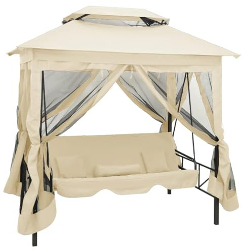 Cozynest Pavillon Umwandelbare Schaukelbank Cremeweiß Hollywoodschaukel Dach Bettfunktion Gartenschaukel Schaukelbank Liege