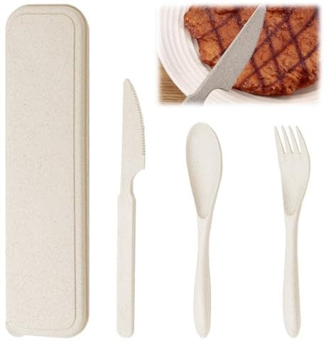 1 Set Travel Cutlery Set - Portable Plastic Cutlery Set - Reusable Fork Knife Spoon - Flatware with Case - Lightweight Tableware for Camping Picnic School Office Lunch (Beige)