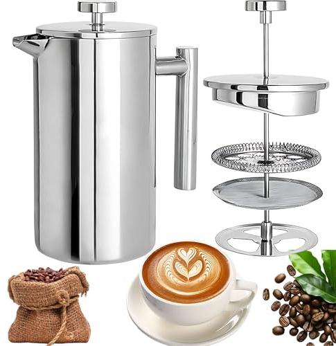 CXAFQ 350Ml French Press Edelstahl, Kaffeemaschine Camping, Kaffeebereiter, Kaffeemaschine Mit Filter, 16*7.5 Cm, Kompakt Und Tragbar, Zum Kochen Von Kaffee, Tee Und Getränken Zu Hause Oder Im Freien