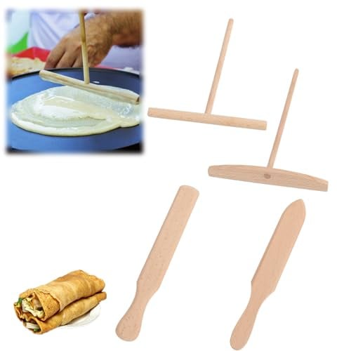 Hpamba Crepes Set aus Buchenholz - 4-teiliges Set mit Crepes Wender, Crepe Verteiler, Spatel und Schaber für Crepes Maker, Pfannkuchen Teigverteiler Zubehör