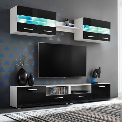 ULUYYUC TV Schrank Wohnwand Set 5 teilig Hochglanz Schwarz mit LED Beleuchtung Holzwerkstoff Modernes Design für Wohnzimmer