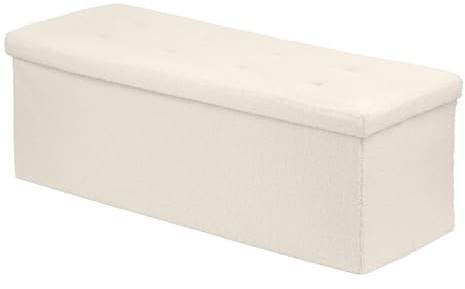 Harbour Housewares Foldable Storage Ottoman - 111 x 37 x 39cm - Cream Boucle - 1x Large Wooden End of Bed Bedroom Living Room Toy Chest Shoe Box Blanket Bench Footstool Foot Stool Seat with Lid