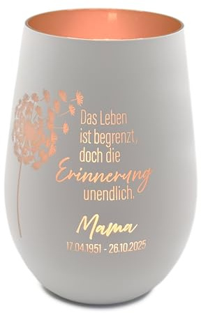 Trauerlicht personalisiert – Windlicht als Andenken an Verstorbene mit Motiv, Spruch, Name & Datum – Gedenklicht Trauergeschenk aus Glas (Weiß-Gold)