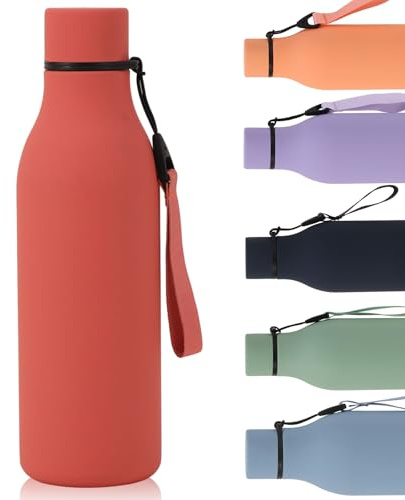 Water Bottle with Strap 550ml, Stainless Steel Water Bottle, Double Wall Insulated Flask Bottle Keeps 24H Cold/12H Hot, Leakproof Metal Drinks Bottle, BPA-Free for Travel, Gym, Hiking (Red)