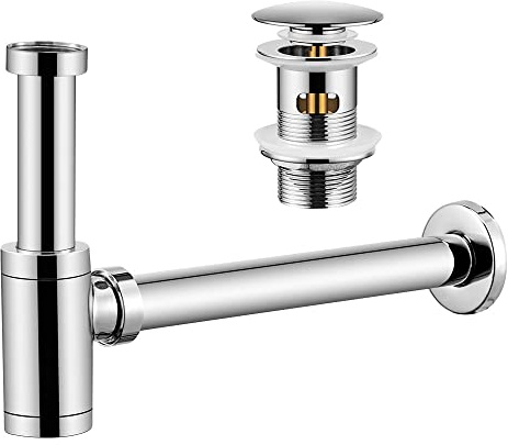 Tayqwiheva Siphon Pop Up Ablaufventil mit überlauf, Universal Design Syphon Waschbecken Ablaufgarnitur, Röhrensiphon Geruchsverschluss mit Reinigungsöffnung, Tauchrohr verstellbar, Verchromt