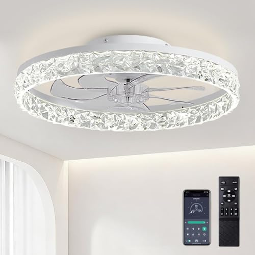 RLMIEL 50CM Ceiling Fans with Lights and Remote, 6 Speeds and 3000K-6500K Dimmable Quiet Ceiling Fan Light, Smart Modern LED Fan Lights Ceiling for Bedroom Living Room Dining Room (White)