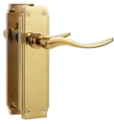 SORWDUERM 1 Pair Hanoverian Scroll Pvd Gold Internal Door Handles,Long Latch Lever Set for Interior Wooden Doors,Fits Standard UK Door,Zinc Alloy
