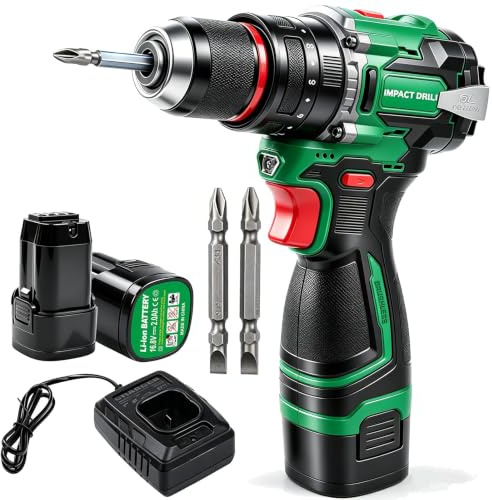 Trapano Elettrico A Percussione Senza Fili, Cacciavite Elettrico Con Coppia Regolabile, Mandrino Universale da 3/8 Pollici con 3 Punte+2 Batterie, per Foratura Del Calcestruzzo, Riparazioni Quotidiane
