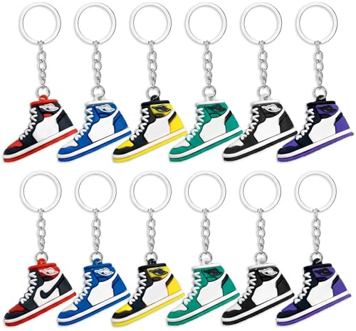 FIQLUL Lot de 12 Porte-Clés Basket 3D, Mini Chaussures de Basketball en PVC Souple, 6 Couleurs Vives, Cadeau Anniversaire Enfant, Petit Cadeau Invité, Décoration Sac à Dos et Clés de Voiture