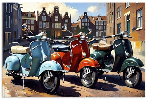 ARTLAND Wanddeko Wandbild Alu Verbundplatte für Innen & Outdoor Bild 60 x 40 cm Vespa Roller bunte italienische Motorroller in Amsterdam Aquarell Aesthetic U6ET
