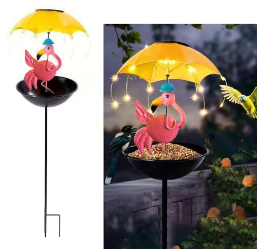 YZYOE Solar-angetriebenen Flamingo Schirm Fütterung Licht, Garten Dekoration Eisen Kunst süße Flamingo Sonnenschirm heißes Licht Bodenleuchte, drahtlose LED-Lampe wasserdicht.
