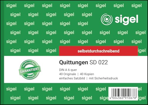 Sigel SD022 Invoice Books 'Quittung' A6 Landscape 2x40Blatt Carbonless Block – Free Shipping. Pack of 1