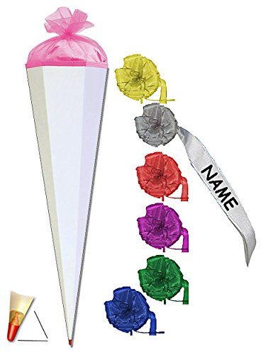 Schultüte - Rohling - Weiß/Pink - 85 cm - incl. individueller Schleife - mit Holzspitze/Filzabschluß - Zuckertüte Roth - zum Basteln, Bemalen und Bekleben..