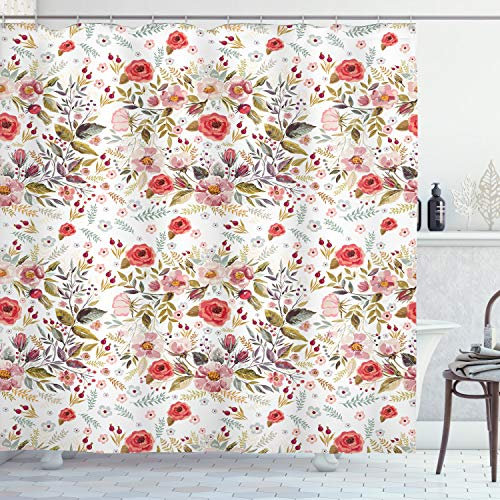 ABAKUHAUS Jahrgang Duschvorhang, Romantischer Feminine Frühling, Stoffliches Gewebe Badezimmerdekorationsset mit Haken, 175 x 200 cm, Korallenrot Grün
