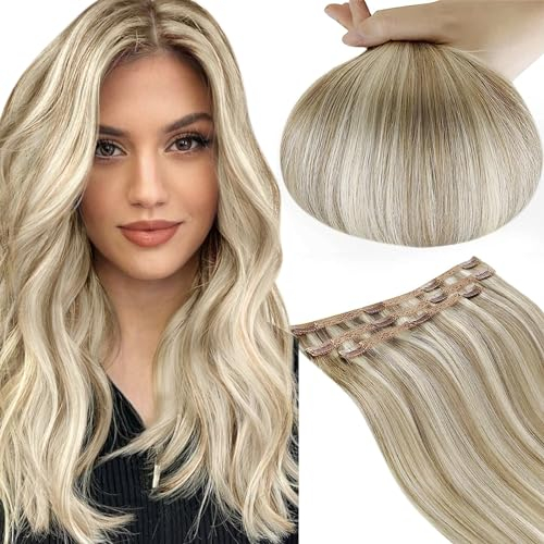 RUNATURE Clip in Extensions Echthaar Blond 25cm Kurz Aschbraun Mit Platinblond 3Pcs 50g Günstig Haarverlängerung #8P60