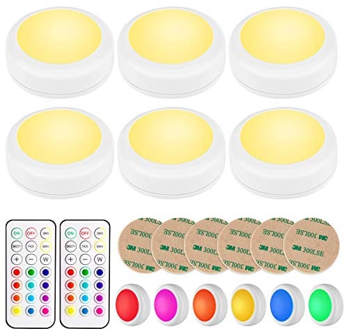 BLS AA-1062 LED Wireless Puck Lights with Remote Control and Timer, Push Lights 3 AA Battery Operated, Colour Changing Push Lights, Stick on Anywhere for Kitchen Cupboard, 6 Pack