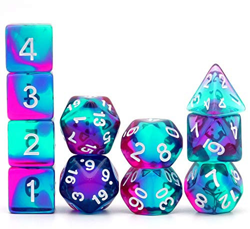 Haxtec 11-teiliges DND-Würfel-Set, extra D6, D20, violett, blau, polyedrisch, D&D, 5e-Würfel für Rollenspiele, Dungeons and Dragons, Zubehör, Geschenk, durchscheinendes Violett/Blaugrün