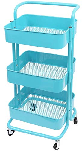 T-LoVendo Carro De Cocina Metalico con Ruedas. Carrito Auxiliar Multiuso.3 Cajones de Almacenamiento. 85x43x37cm. Ideal para Frutas, Verduras, Cocina, Salón, Oficina. Color Azul