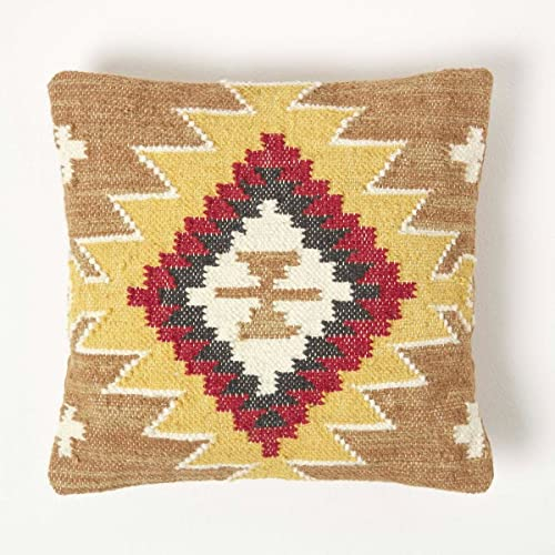 Homescapes Kelim Kissen Jaipur braun-gelb-rot, Deko-Kissen 45x45 cm, Teppich-Kissen mit Füllung, handgewebtes Kissen mit Muster