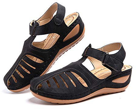 Sandale Femme Compensées Confort Mules Été Et Nu-Pieds Plateforme Plate Chaussures Bout Fermé Sandale Bride Cheville 1 Noir 35 EU