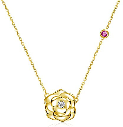 FANCIME Collier Pendentif en Argent Sterling 925 avec Zircone Cubique, Collier Fleur de Rose Plaqué Or jaune, Bijoux Cadeau pour Femme Fille Mère, 40 + 5 cm