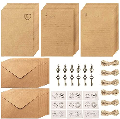 Unvtap Briefpapier mit Umschlag 72 Stücke Vintage Schreiben Briefpapier und Umschläge Set(24 Blätter Briefpapier, 12 Umschlägen, 12 Retro Schlüsseln, 12 Hanfseilen, 12 Aufklebern)