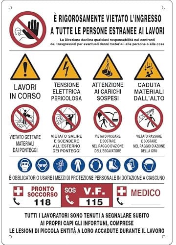 NEW CARTELLO direzione lavori - norme generali di prevenzione infortuni + segnali di avviso - Pannello in Polionda o Pannello in Forex (PANNELLO IN POLIONDA 60X40 CM)