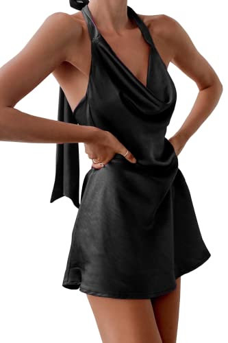 Cantonwalker Mini robe dos nu en satin à col bénitier pour femme 0213, Robe en satin noir, Taille XL