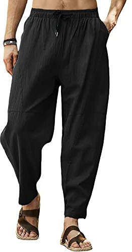 Mens Baggy Cotton Trousers Smart Casual Summer Lightweight Comfy Drawstring Loose Fit Wide Leg Harem Pants with Pocket for Yoga Beach Lounge Hippy-Black-3XL
