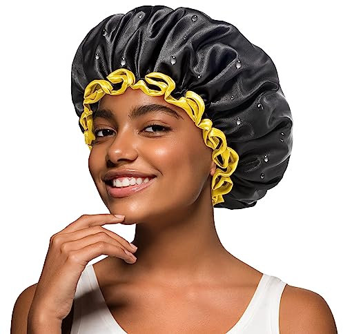 mikimini Black Shower Cap for Women and Men, Reusable Waterproof Bath Cap for Curly Thick Hair, Double-Layered Medium Hair Hats 2 Packs