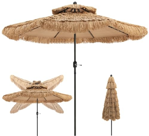 RELAX4LIFE Hawaii Sonnenschirm 270 cm, Reisstroh Strandschirm, Strohschirm mit Neigungsfunktion, Balkonschirm mit Doppeldach, Gartenschirm UV-beständig, Terrassenschirm für Garten Strand