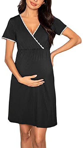 Tomwell Femme Robe Maternité Nuisette Grossesse Chemise de Nuit Femme Enceinte Bretelle Robe de Nuit Chambre Eté Robe Allaitement en sans Manche Pyjama Sleepwear B Noir M