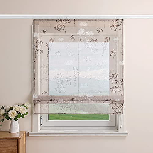 Delien Raffrollo Leinenoptik Küche Gardine Raffgardine B100 x H140 cm,Sand | Mit Klettband,Transparente Küchengardinen,Rollos Landhaus,Modern,Bändchenrollo mit Blumendruck,Lichtdurchlässig
