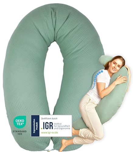 sei Design XXL Stillkissen + Set noch 1X Zusatz-Bezug Musselin ergonomisch Schwangerschaftskissen Seitenschläferkissen Komfortkissen Erwachsene